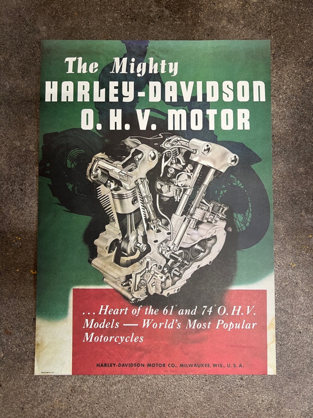Reprint vintage Harley-Davidson O.H.V. Poster with Engine Illustration.